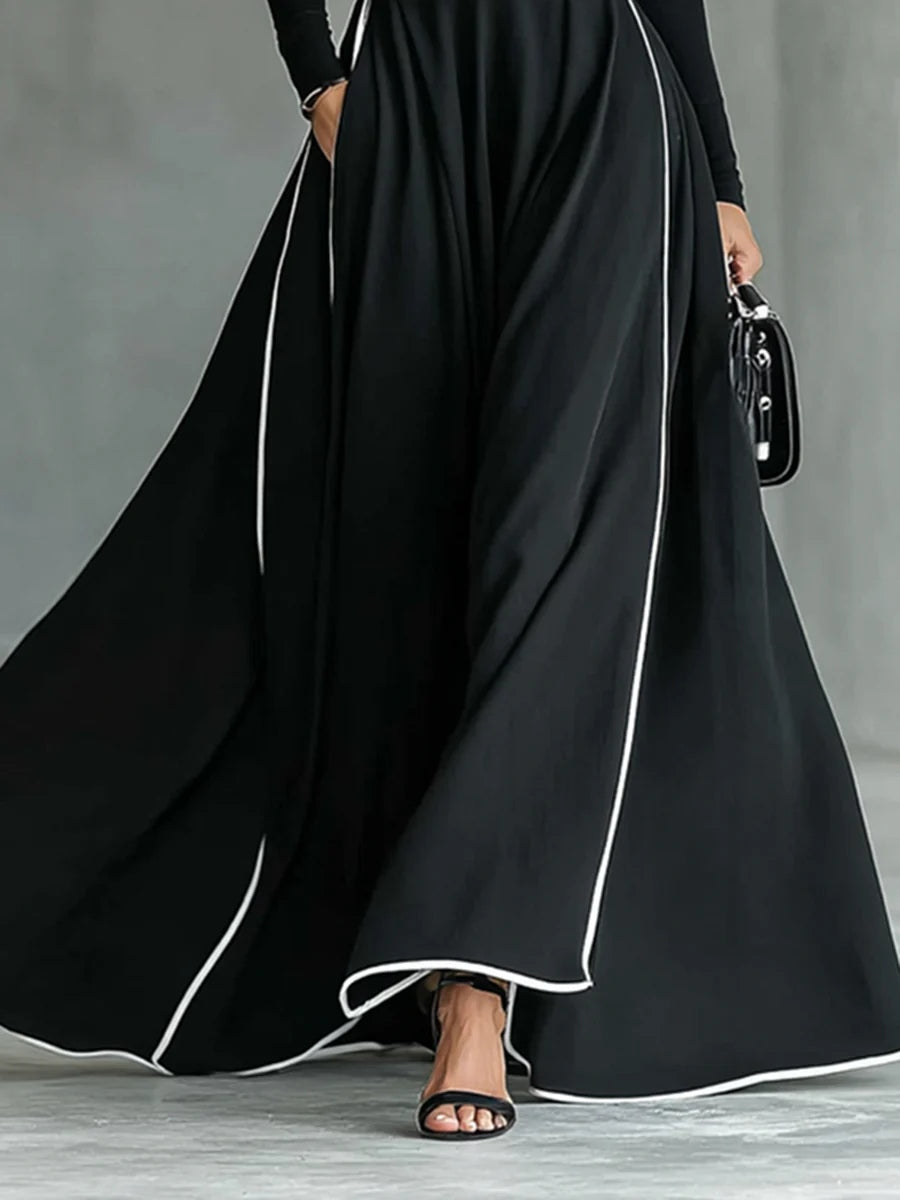 Black Stitching White Trim High Collar Long Sleeve Tight Belt Maxi Dress