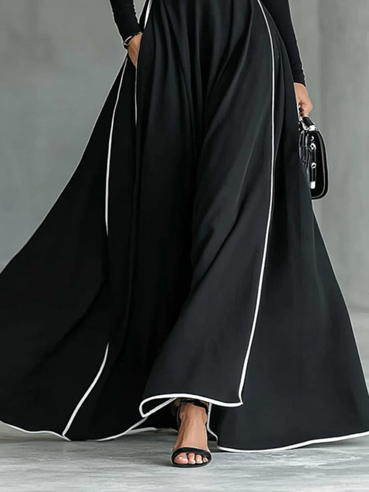 Black Stitching White Trim High Collar Long Sleeve Tight Belt Maxi Dress