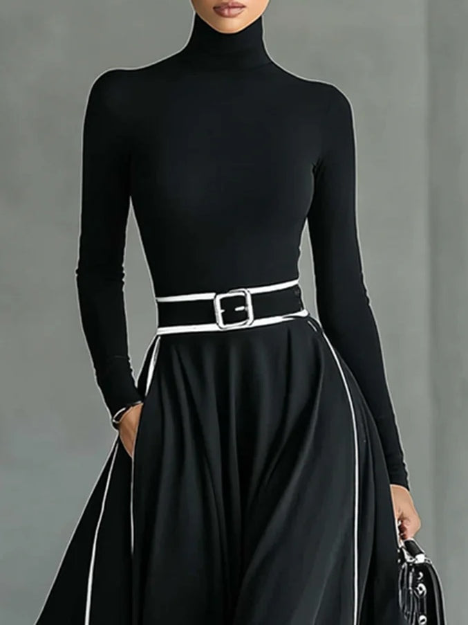 Black Stitching White Trim High Collar Long Sleeve Tight Belt Maxi Dress