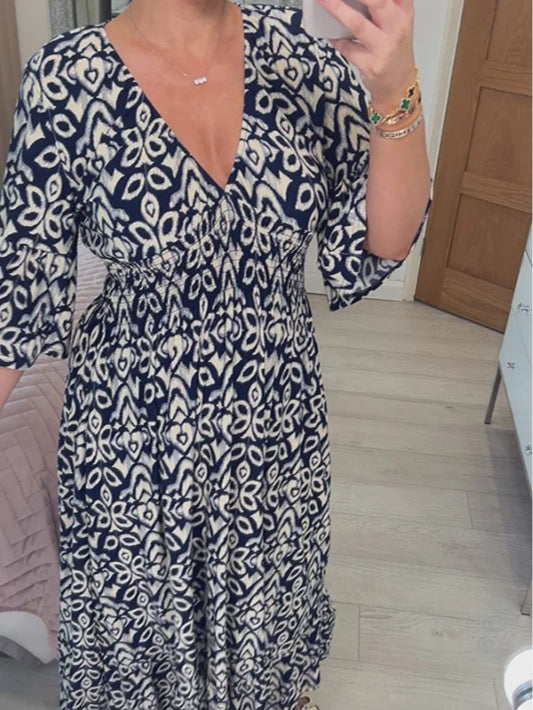 Bohemian Casual Print V-neck Waist Wrap Long Dress