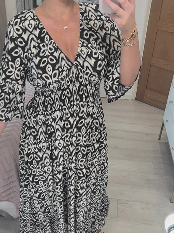 Bohemian Casual Print V-neck Waist Wrap Long Dress