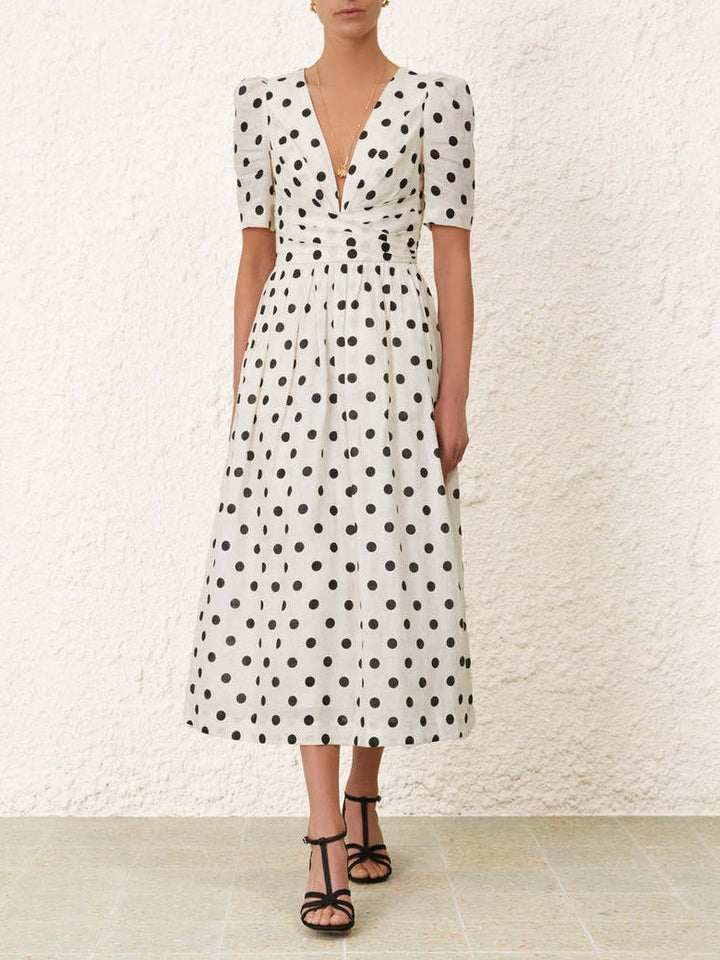Polka dot V-neck short-sleeved midi dress