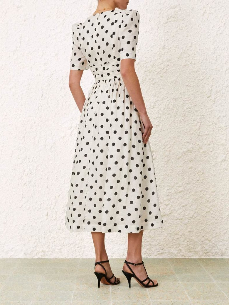 Polka dot V-neck short-sleeved midi dress