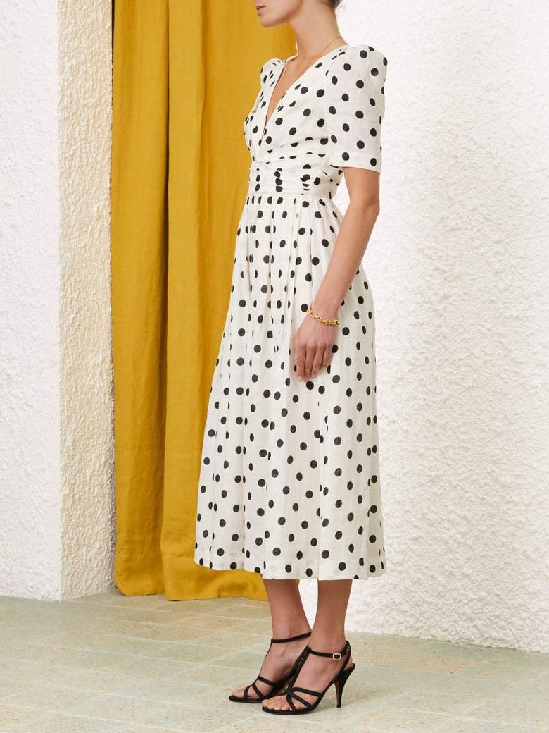 Polka dot V-neck short-sleeved midi dress