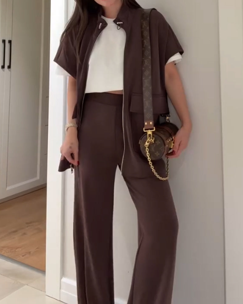 Casual Waist Stretch Detail Top & Pants Two-Piece Set