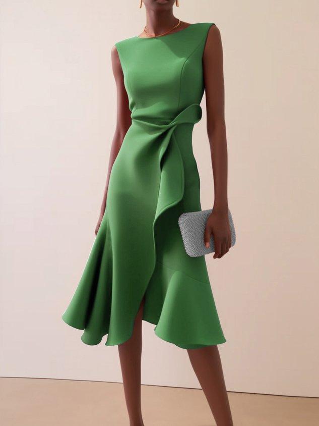 Red Sleeveless Midi Elegant A-line Dress with Waist Twist for Day-to-Night