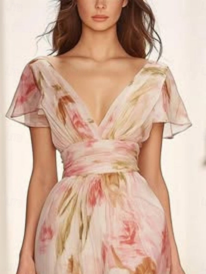 Floral Print V-neck Short-sleeved Waist Casual Maxi Dress