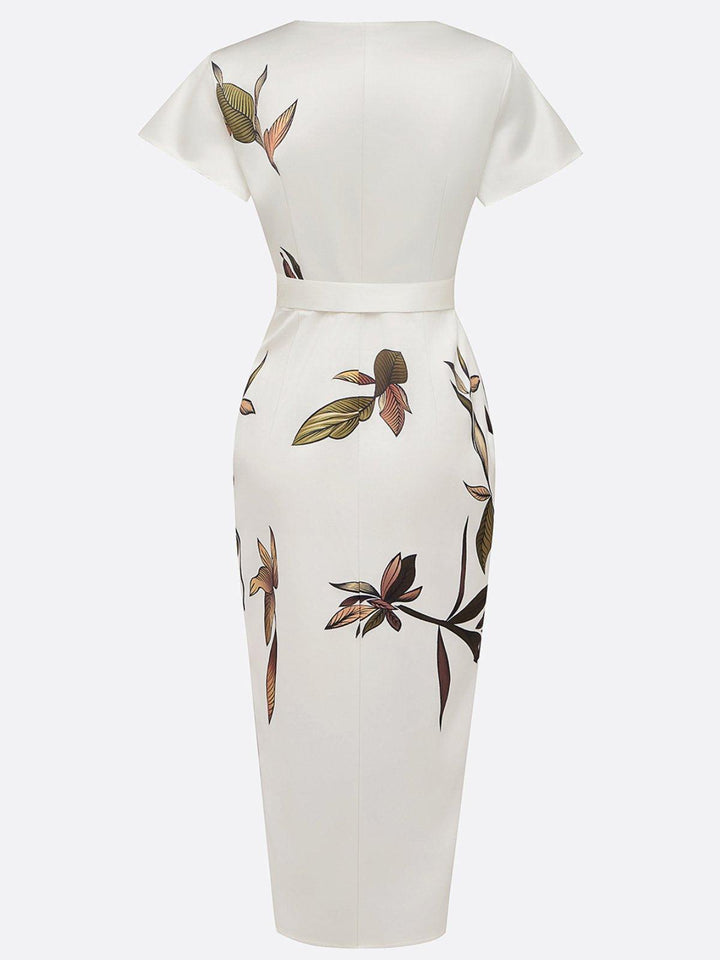 White Leaf Short Sleeve Satin Wrap Sheath Midi Dress