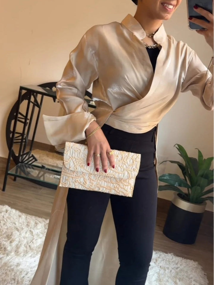 Satin stand-up collar and paneled back hem shirt